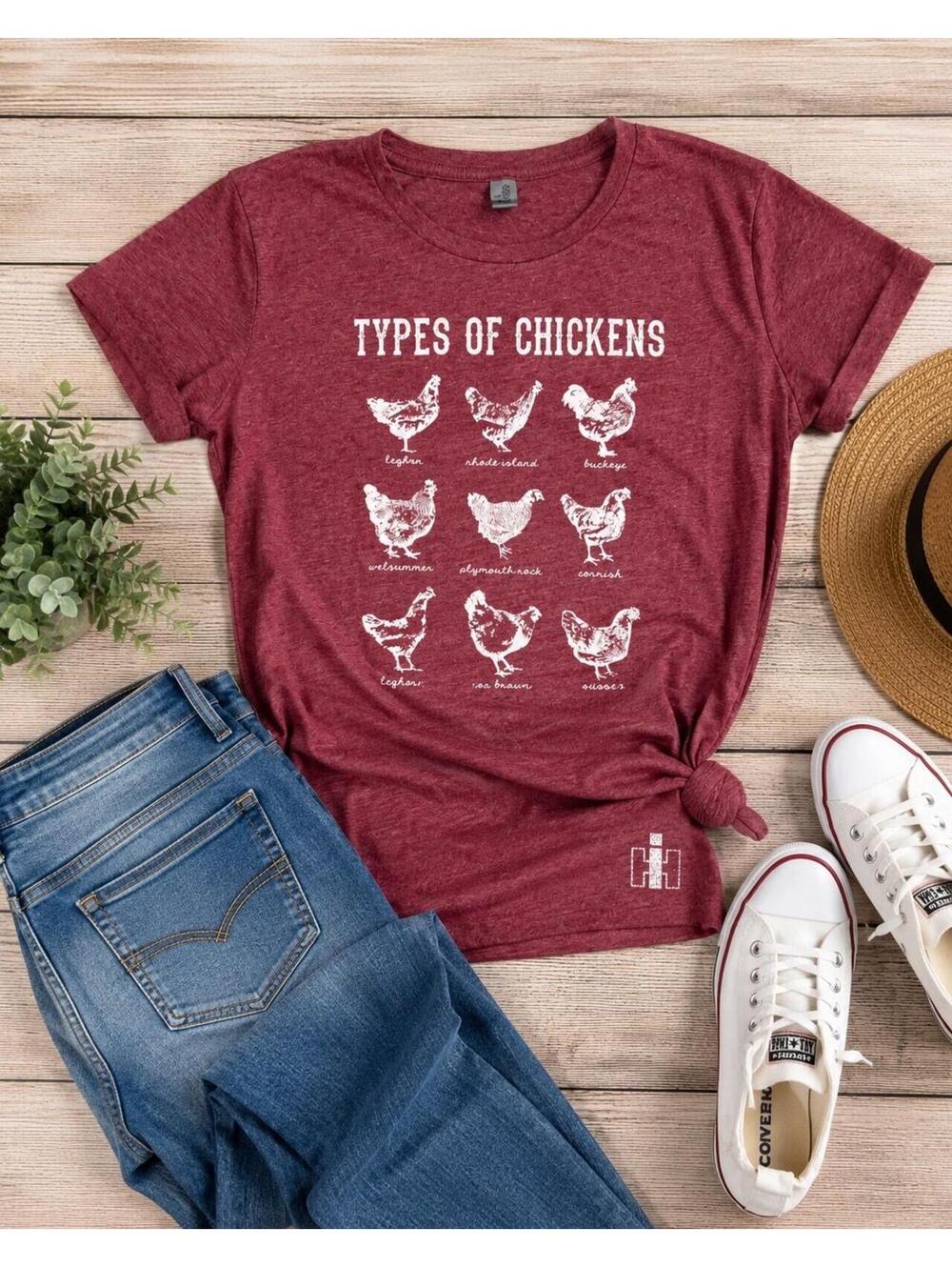 Types of Chickens Graphic Tee Women’s Large Heathered Burgundy Farm Case iH